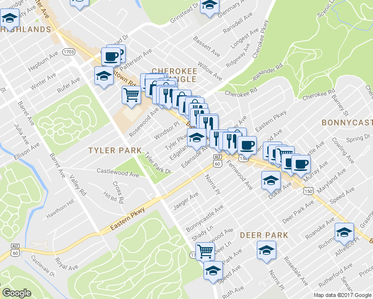 map of restaurants, bars, coffee shops, grocery stores, and more near 1824 Edgeland Avenue in Louisville