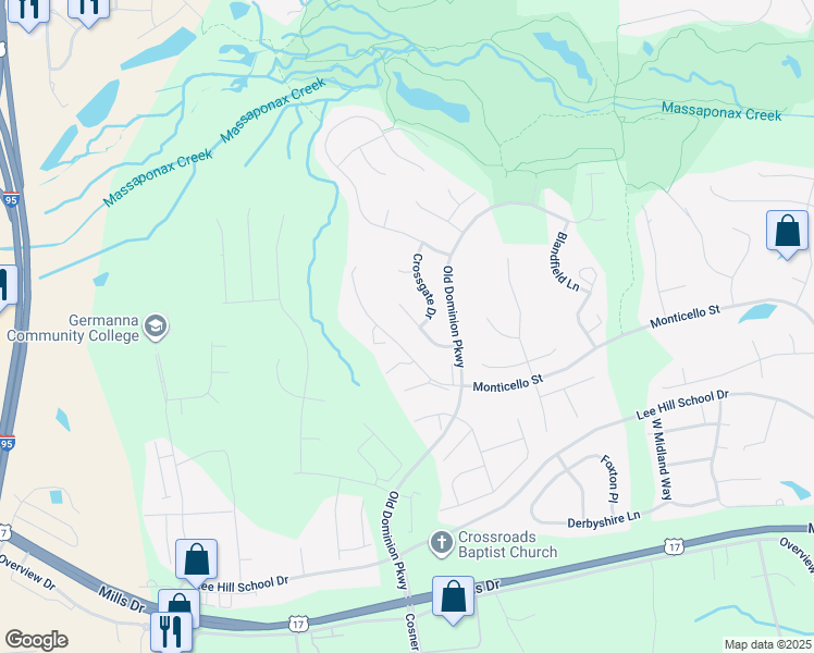 map of restaurants, bars, coffee shops, grocery stores, and more near 10112 Fullerton Court in Fredericksburg
