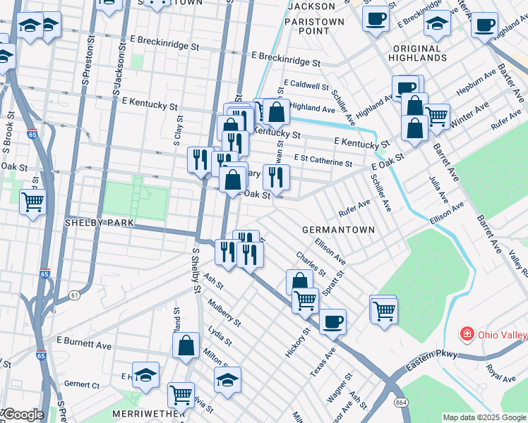 map of restaurants, bars, coffee shops, grocery stores, and more near 930 Shelby Parkway in Louisville