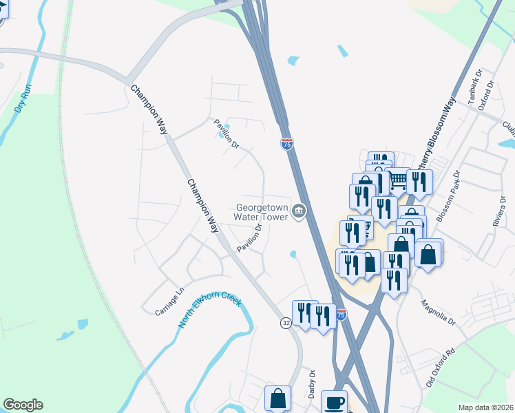 map of restaurants, bars, coffee shops, grocery stores, and more near 101 Winners Circle in Georgetown