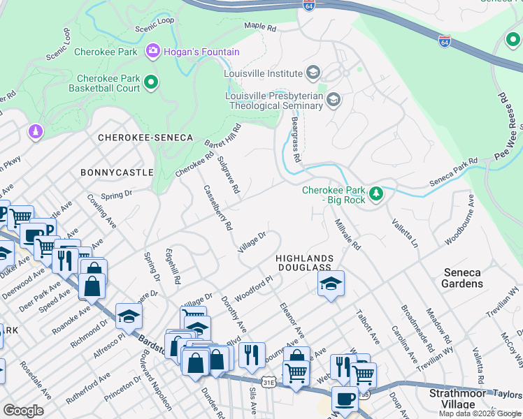 map of restaurants, bars, coffee shops, grocery stores, and more near 2350 Speed Avenue in Louisville