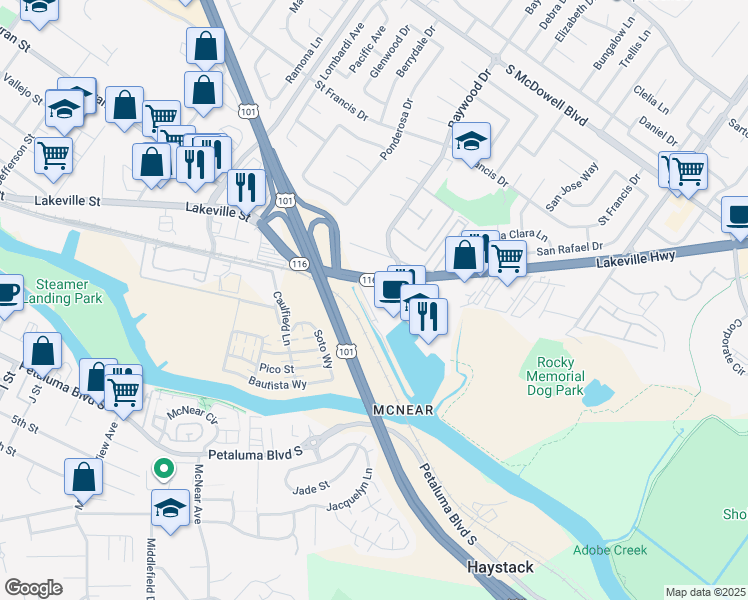 map of restaurants, bars, coffee shops, grocery stores, and more near 785 Baywood Drive in Petaluma