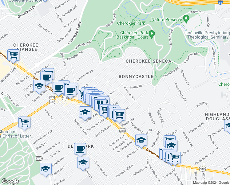 map of restaurants, bars, coffee shops, grocery stores, and more near 2122 Bonnycastle Avenue in Louisville