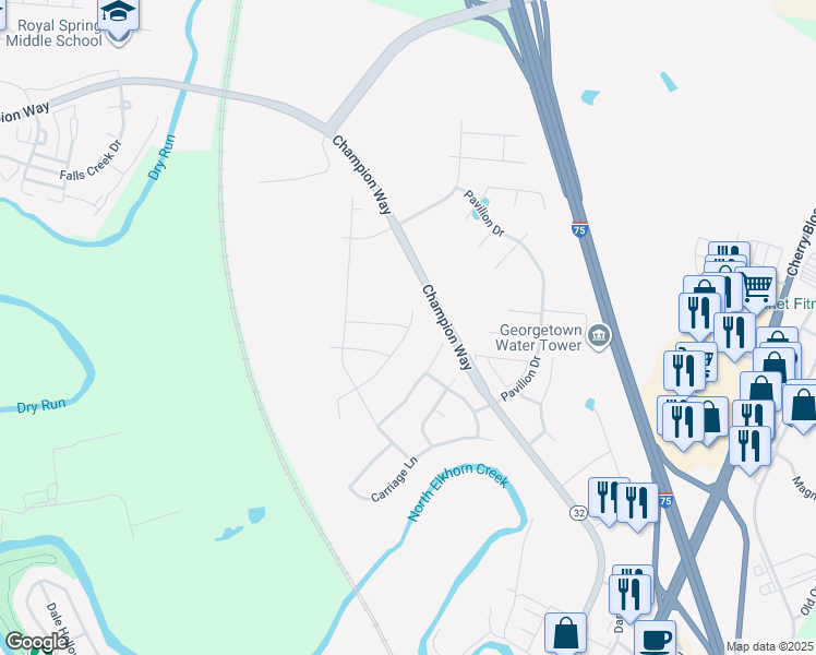 map of restaurants, bars, coffee shops, grocery stores, and more near 148 Camp Creek Way in Georgetown