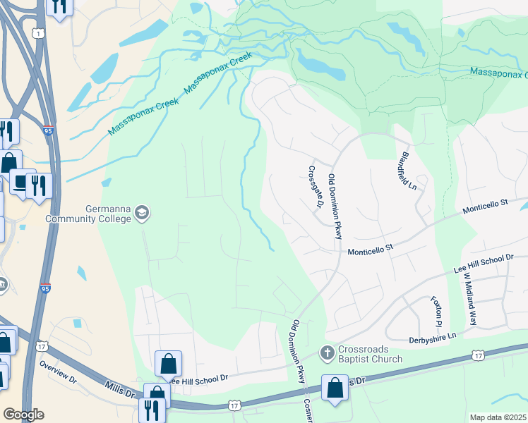 map of restaurants, bars, coffee shops, grocery stores, and more near 4501 Club Cart Circle in Fredericksburg