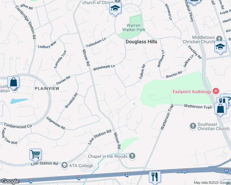 map of restaurants, bars, coffee shops, grocery stores, and more near 803 Kinross Place in Louisville