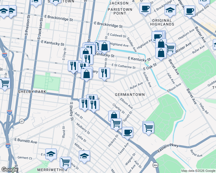 map of restaurants, bars, coffee shops, grocery stores, and more near 909 Ellison Avenue in Louisville