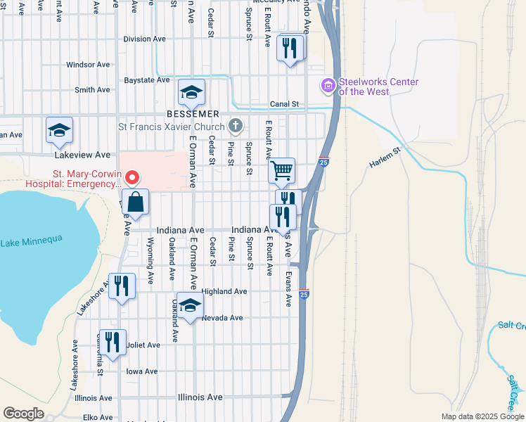 map of restaurants, bars, coffee shops, grocery stores, and more near 2032 East Routt Avenue in Pueblo