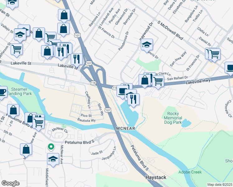 map of restaurants, bars, coffee shops, grocery stores, and more near 785 Baywood Drive in Petaluma