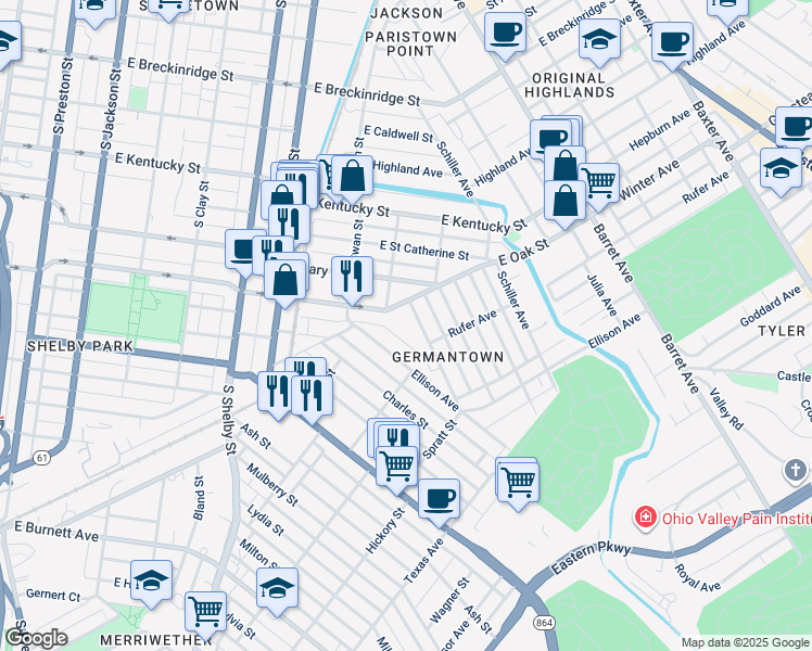 map of restaurants, bars, coffee shops, grocery stores, and more near 929 Ellison Avenue in Louisville