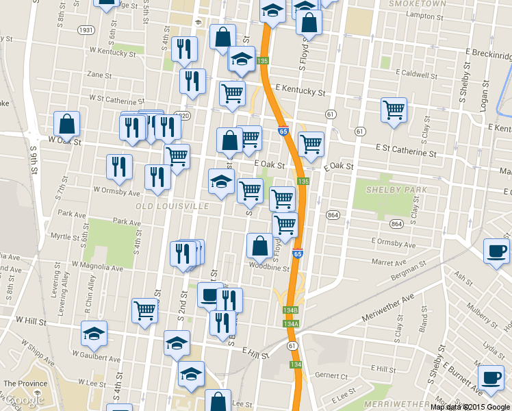 map of restaurants, bars, coffee shops, grocery stores, and more near 215 East Ormsby Avenue in Louisville