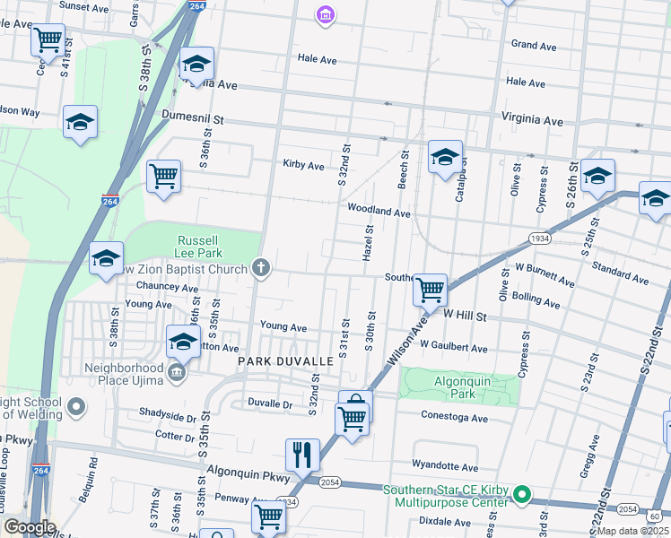 map of restaurants, bars, coffee shops, grocery stores, and more near 3106 Southern Avenue in Louisville