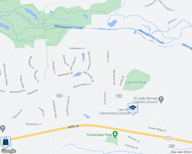 map of restaurants, bars, coffee shops, grocery stores, and more near 3910 Fountain Bridge Court in Fredericksburg