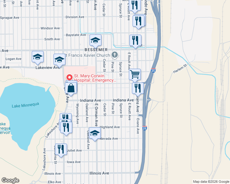 map of restaurants, bars, coffee shops, grocery stores, and more near 2024 Pine Street in Pueblo