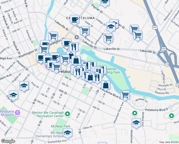 map of restaurants, bars, coffee shops, grocery stores, and more near 482 1st Street in Petaluma