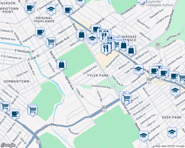 map of restaurants, bars, coffee shops, grocery stores, and more near 1429 Rosewood Avenue in Louisville