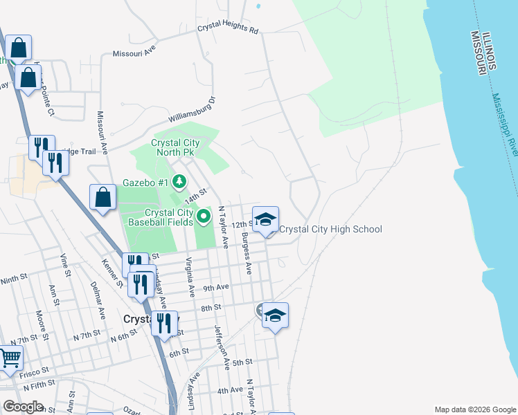 map of restaurants, bars, coffee shops, grocery stores, and more near 109 12th Street in Crystal City