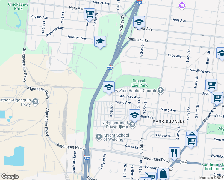 map of restaurants, bars, coffee shops, grocery stores, and more near 3800 Gibson Lane in Louisville
