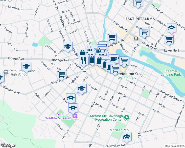 map of restaurants, bars, coffee shops, grocery stores, and more near 1 Bassett Street in Petaluma