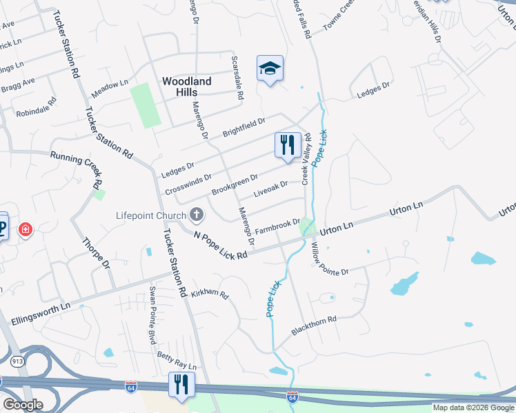 map of restaurants, bars, coffee shops, grocery stores, and more near 12510 Echo Bridge Road in Louisville