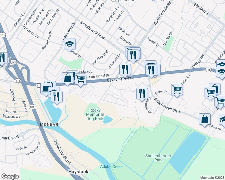 map of restaurants, bars, coffee shops, grocery stores, and more near 112 Technology Lane in Petaluma