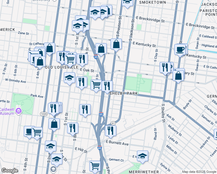 map of restaurants, bars, coffee shops, grocery stores, and more near 328 Camp Street in Louisville