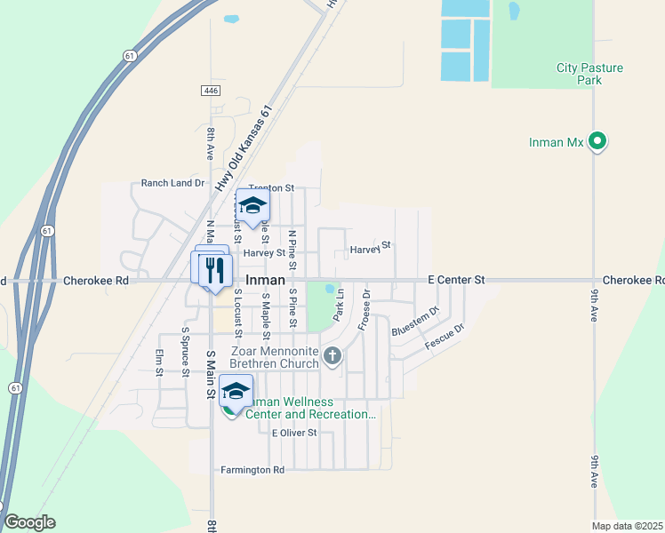 map of restaurants, bars, coffee shops, grocery stores, and more near 543 Cherokee Road in Inman