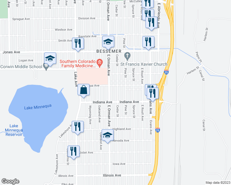 map of restaurants, bars, coffee shops, grocery stores, and more near 2013 Cedar Street in Pueblo
