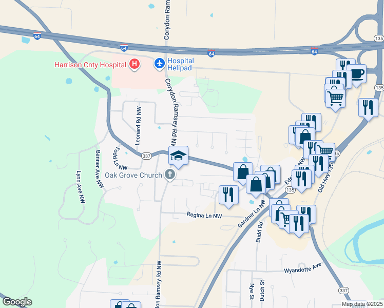 map of restaurants, bars, coffee shops, grocery stores, and more near 2078 Indiana 337 in Corydon