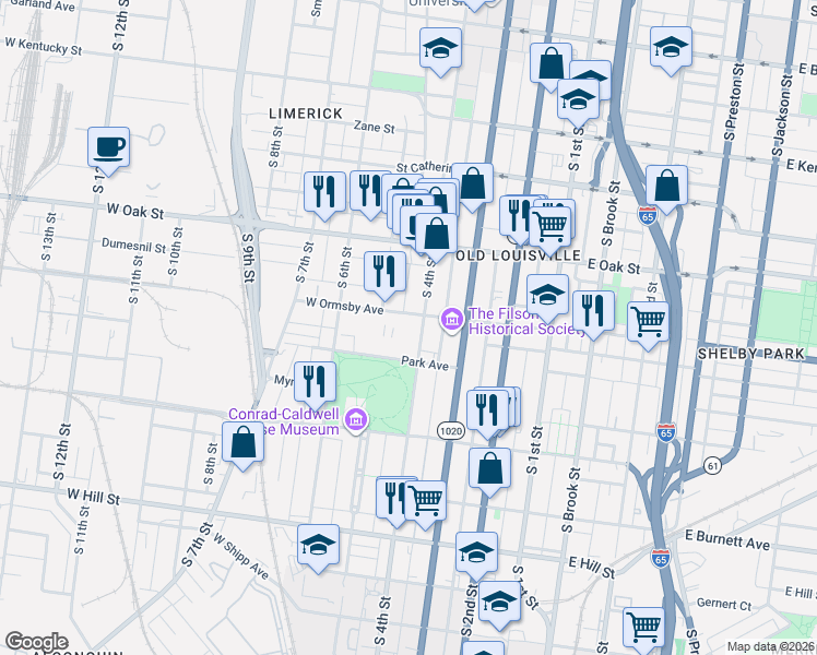 map of restaurants, bars, coffee shops, grocery stores, and more near 410 West Ormsby Avenue in Louisville