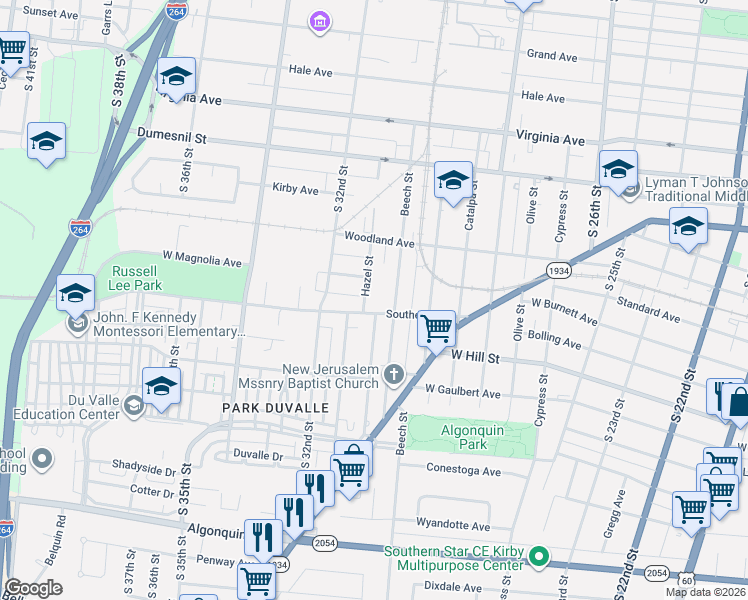 map of restaurants, bars, coffee shops, grocery stores, and more near in Louisville