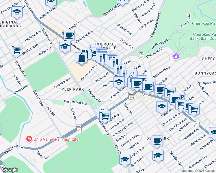 map of restaurants, bars, coffee shops, grocery stores, and more near 1708 Tyler Parkway in Louisville