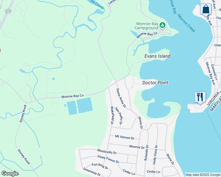 map of restaurants, bars, coffee shops, grocery stores, and more near 624 Wakefield Drive in Colonial Beach