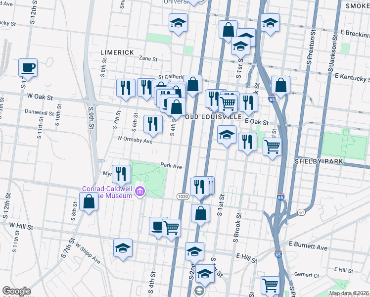 map of restaurants, bars, coffee shops, grocery stores, and more near in Louisville