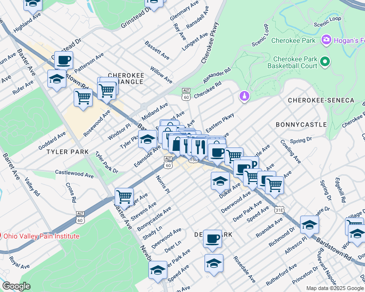 map of restaurants, bars, coffee shops, grocery stores, and more near 2011 Eastern Parkway in Louisville