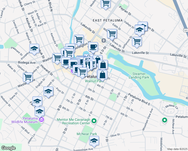 map of restaurants, bars, coffee shops, grocery stores, and more near in Petaluma
