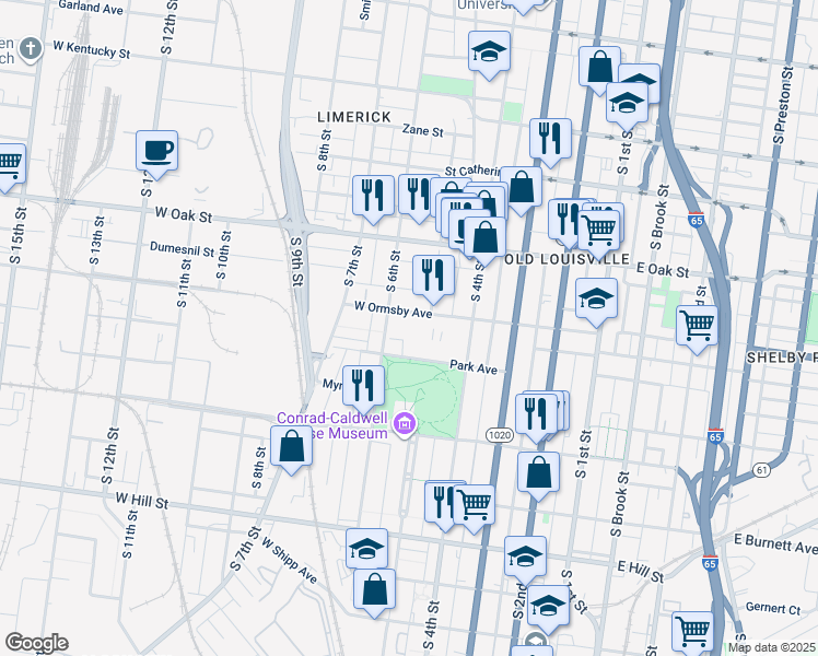 map of restaurants, bars, coffee shops, grocery stores, and more near 433 Park Avenue in Louisville