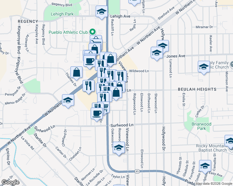 map of restaurants, bars, coffee shops, grocery stores, and more near 3939 Sandalwood Lane in Pueblo