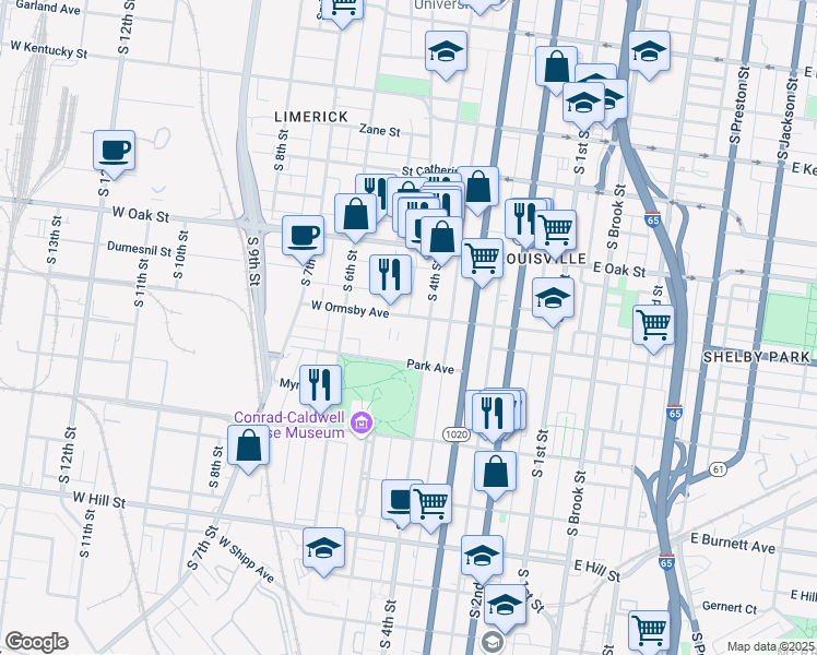 map of restaurants, bars, coffee shops, grocery stores, and more near 414 West Ormsby Avenue in Louisville