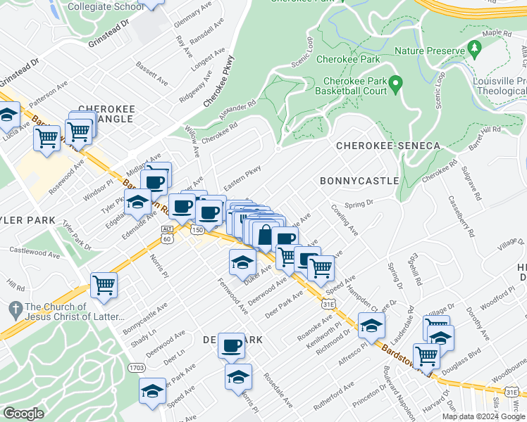 map of restaurants, bars, coffee shops, grocery stores, and more near 2046 Alta Avenue in Louisville
