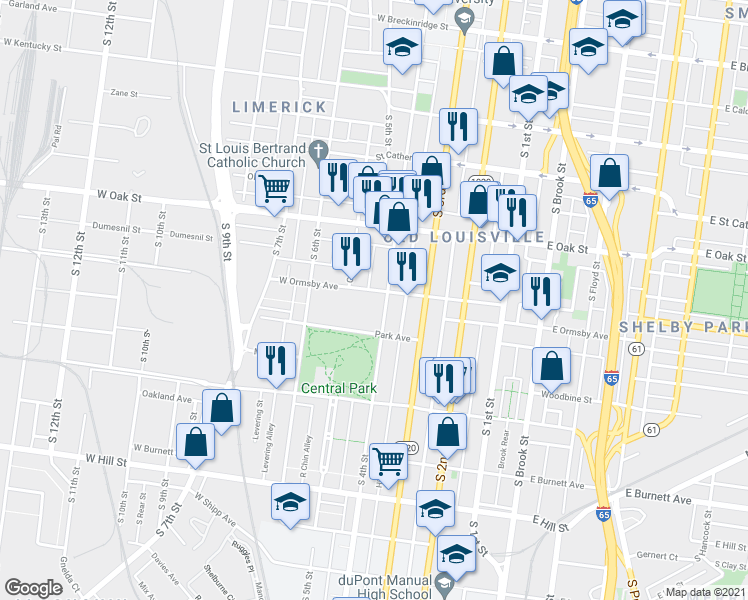 map of restaurants, bars, coffee shops, grocery stores, and more near 1320 South 4th Street in Louisville