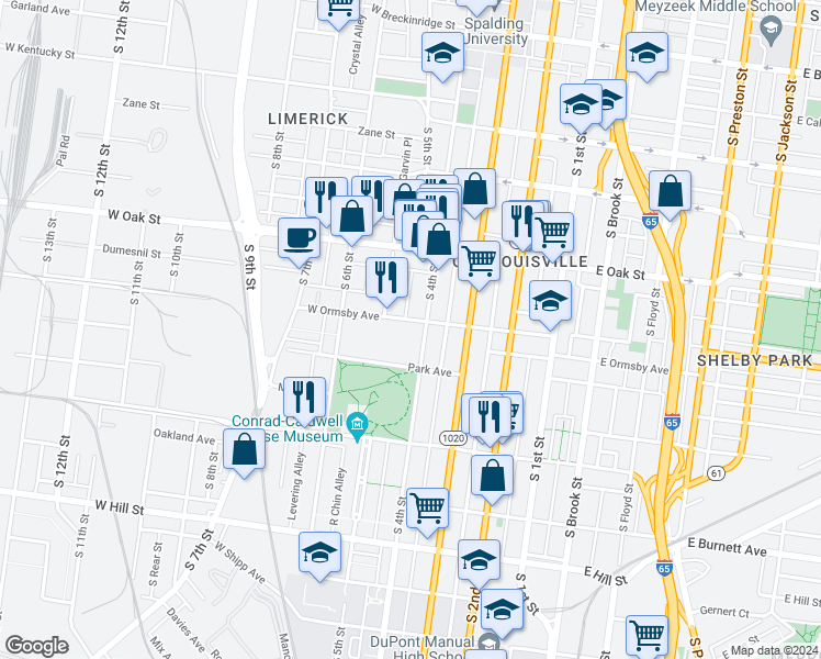 map of restaurants, bars, coffee shops, grocery stores, and more near 408 West Ormsby Avenue in Louisville