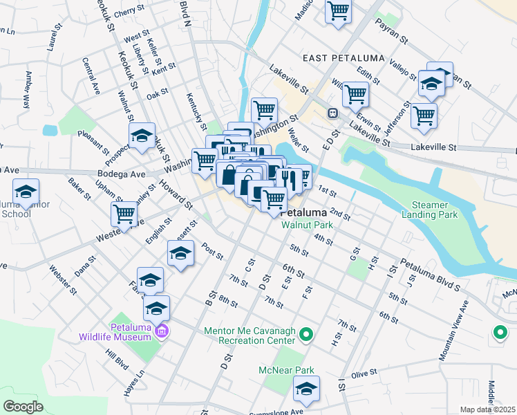 map of restaurants, bars, coffee shops, grocery stores, and more near 20 4th Street in Petaluma
