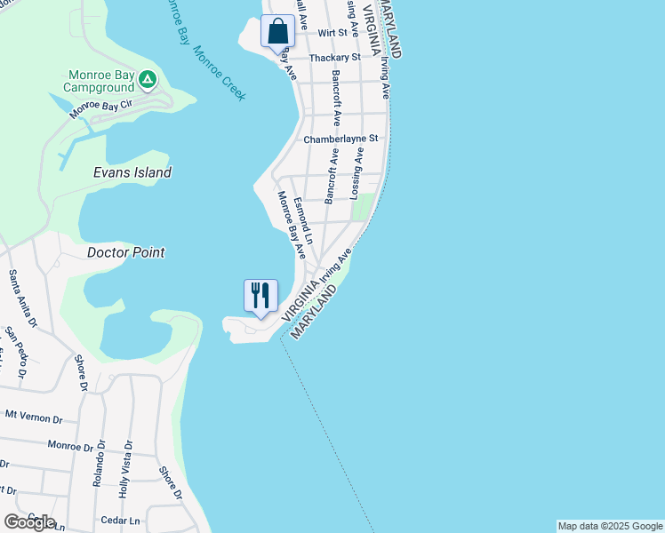 map of restaurants, bars, coffee shops, grocery stores, and more near 1601 Irving Avenue in Colonial Beach