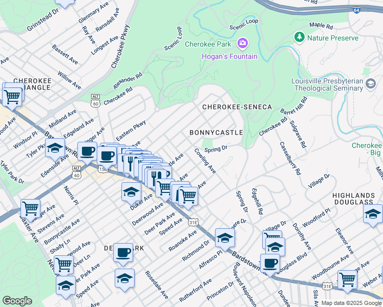map of restaurants, bars, coffee shops, grocery stores, and more near 2140 Bonnycastle Avenue in Louisville