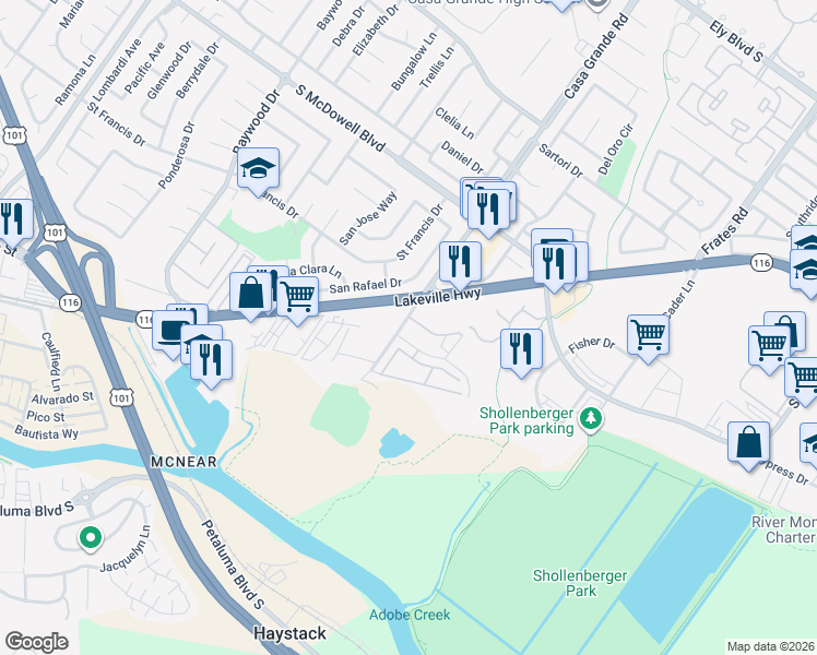 map of restaurants, bars, coffee shops, grocery stores, and more near 112 Technology Lane in Petaluma