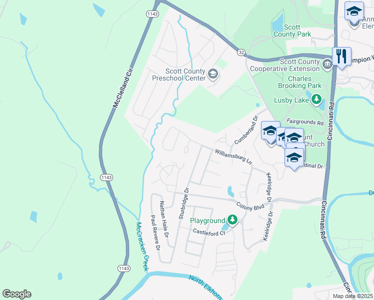 map of restaurants, bars, coffee shops, grocery stores, and more near 271 Williamsburg Lane in Georgetown