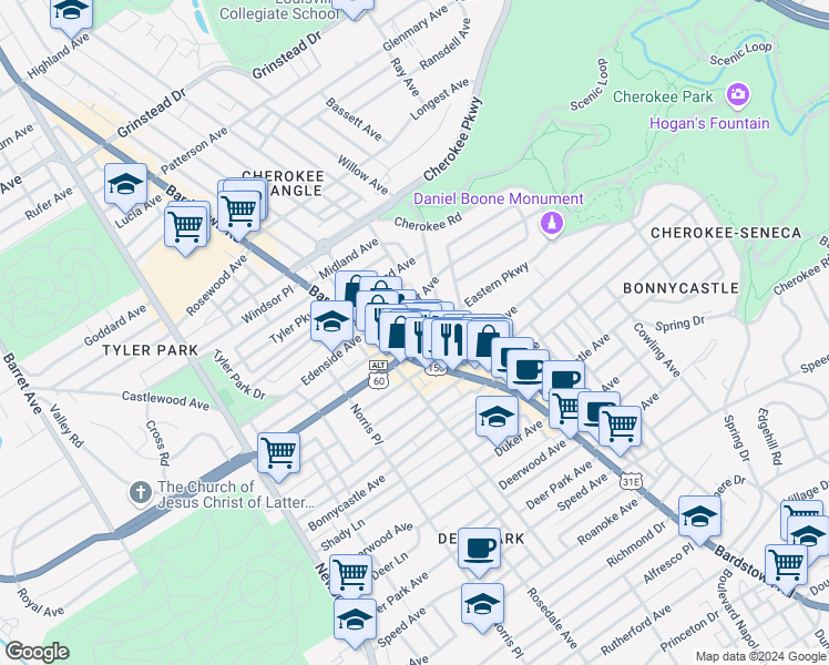 map of restaurants, bars, coffee shops, grocery stores, and more near 1507 Bardstown Road in Louisville