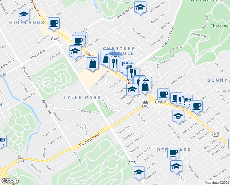 map of restaurants, bars, coffee shops, grocery stores, and more near 1708 Tyler Parkway in Louisville
