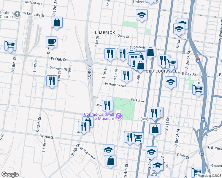map of restaurants, bars, coffee shops, grocery stores, and more near 523 Park Avenue in Louisville